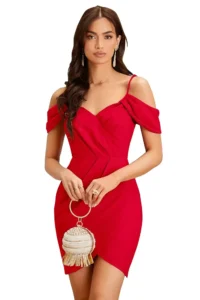 zelzis women polyester shoulder strap red bodycon dress