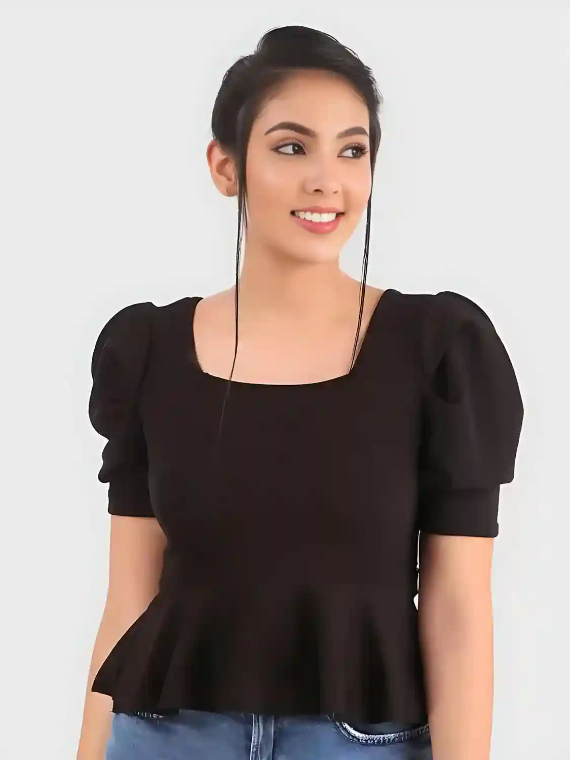 Black Square Neck Puff Sleeve Polyester Top for Women by ZELZIS
