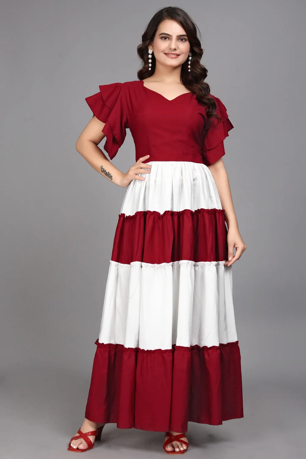 Casual & Party Wear Maroon Colourblocked Flared Maxi Dress