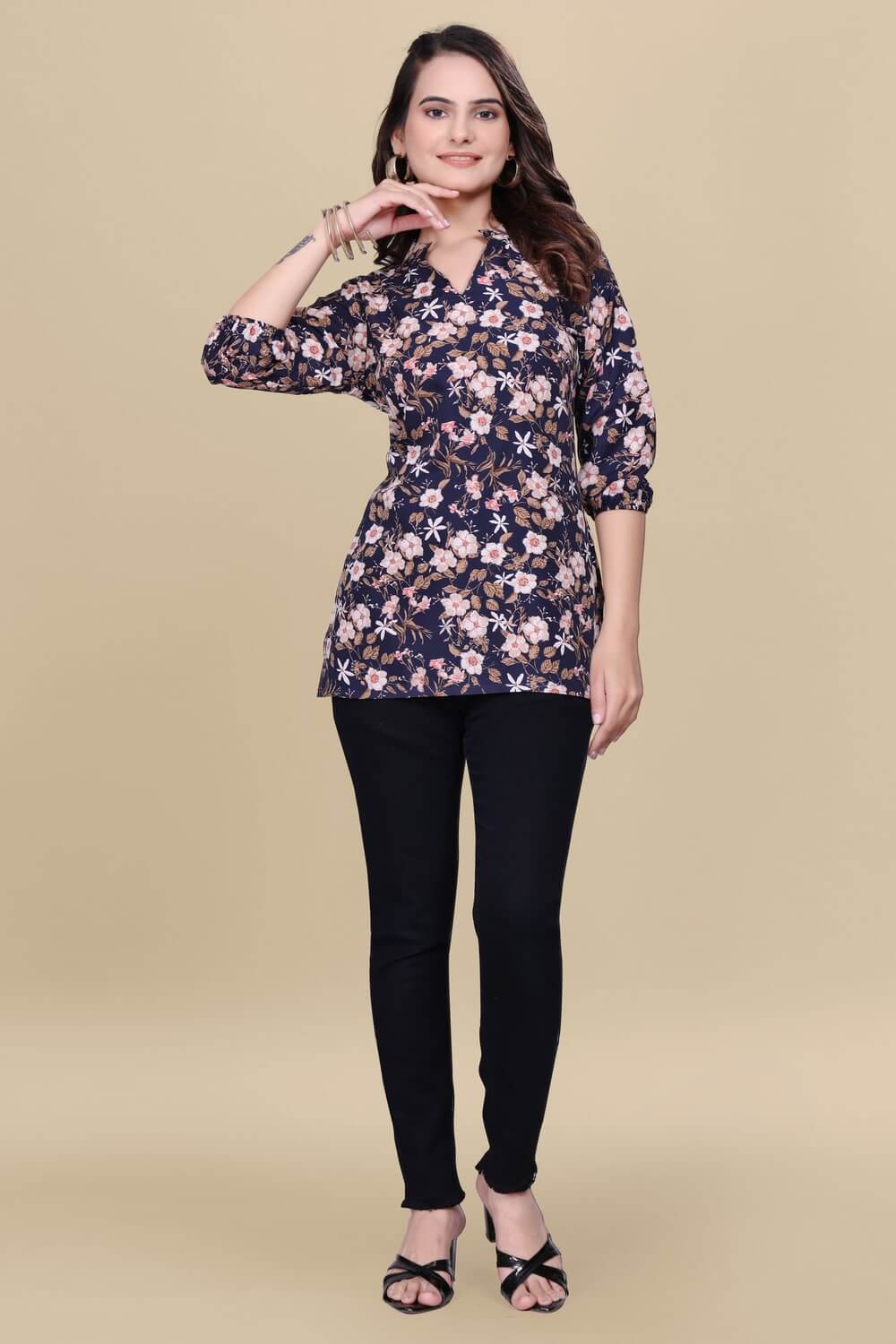 Casual wear blue floral crepe top
