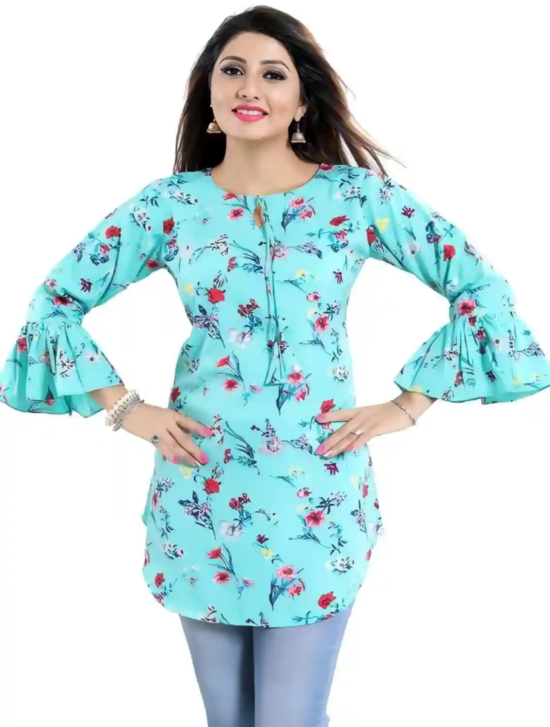 Elegant Light Blue Hip-Length Floral Tunic