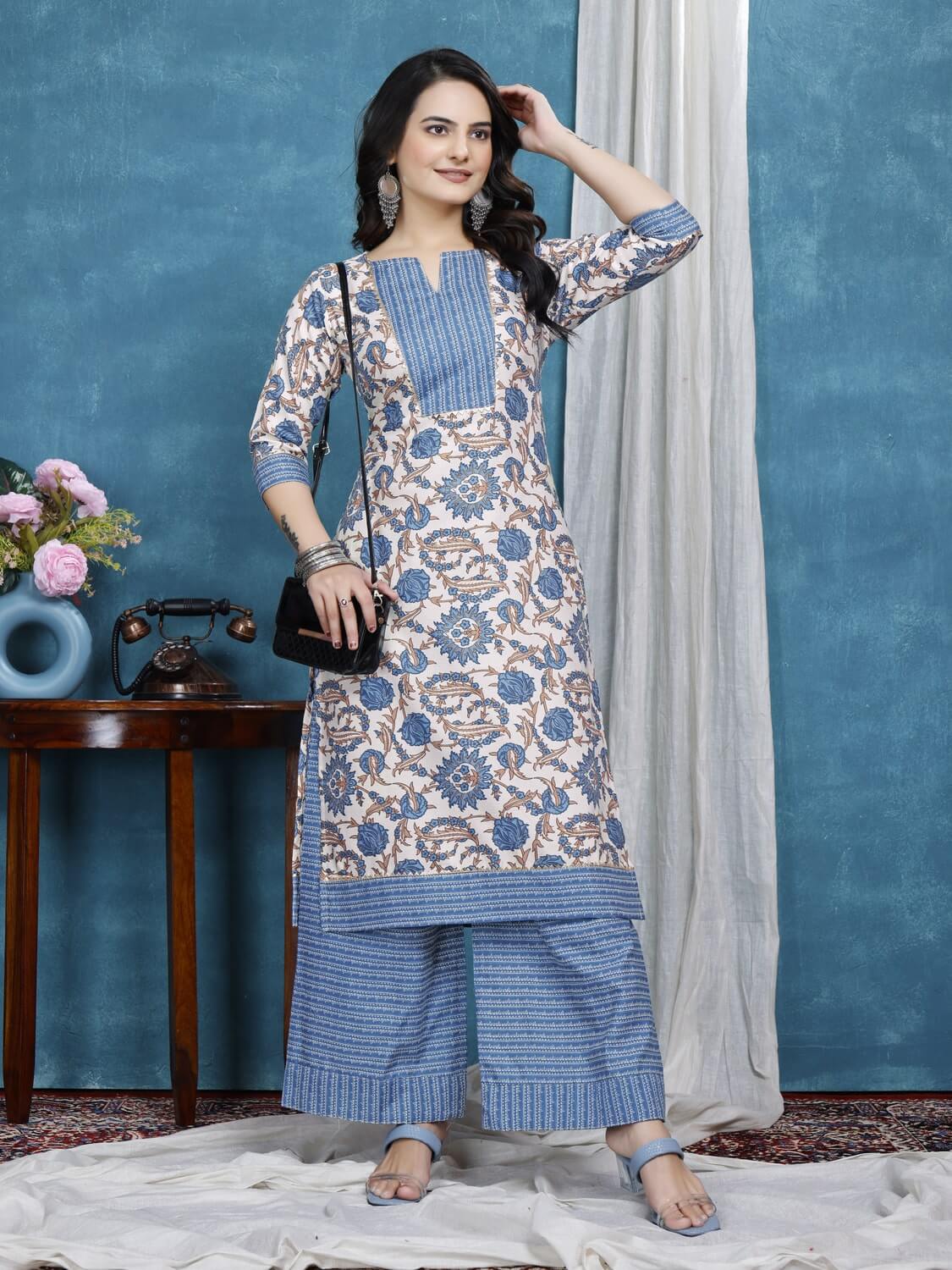 Festive light blue kurta set for women
