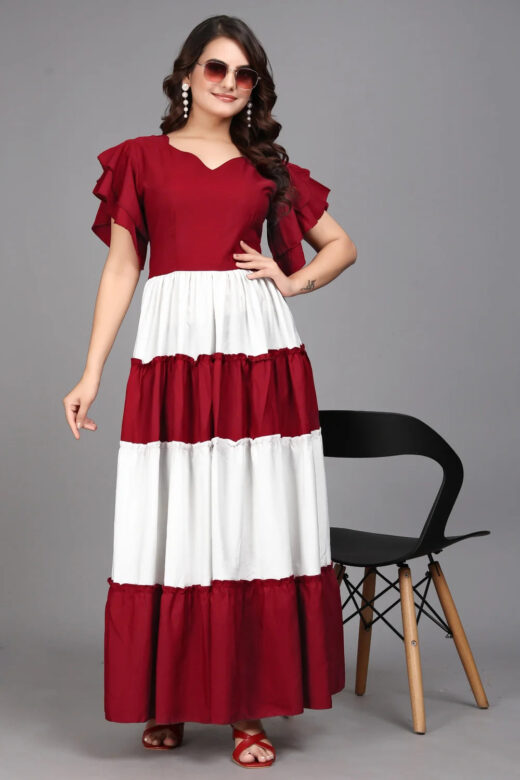 Maroon Colourblocked Maxi Dress with Flared Sleeves by ZELZIS
