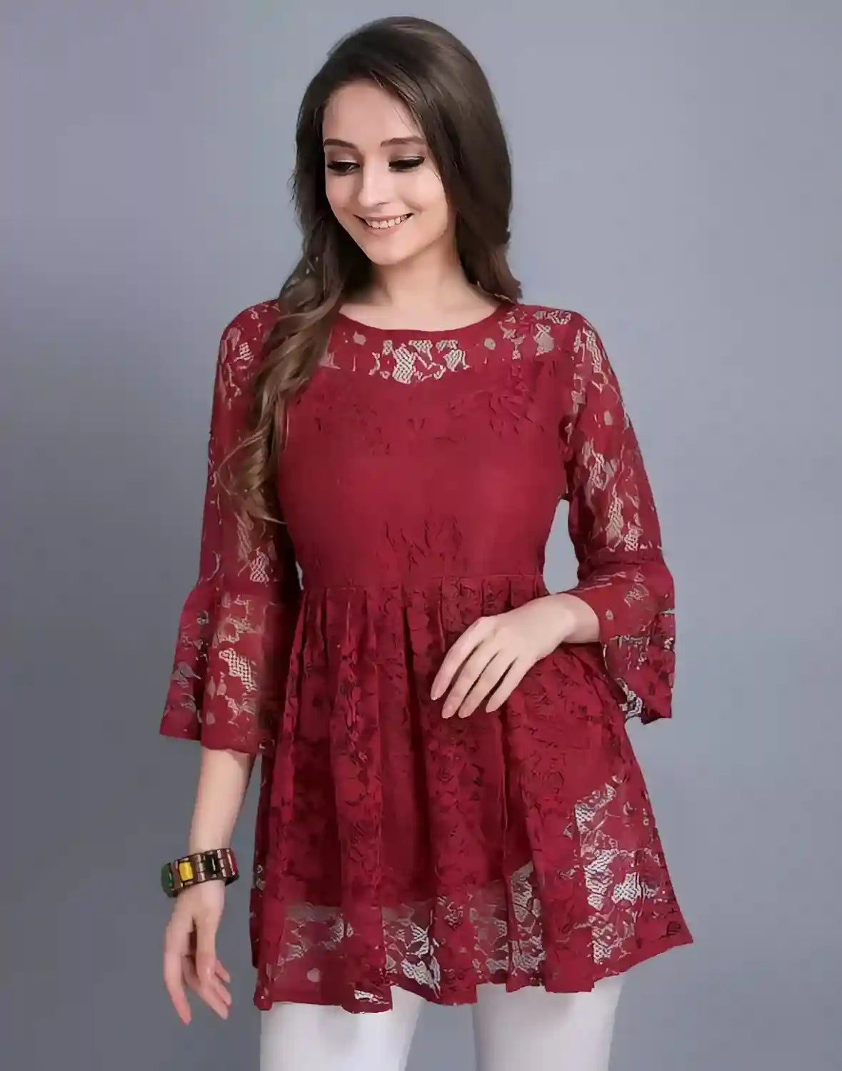 Maroon Russle Net Top with Crepe Lining for Women by ZELZIS