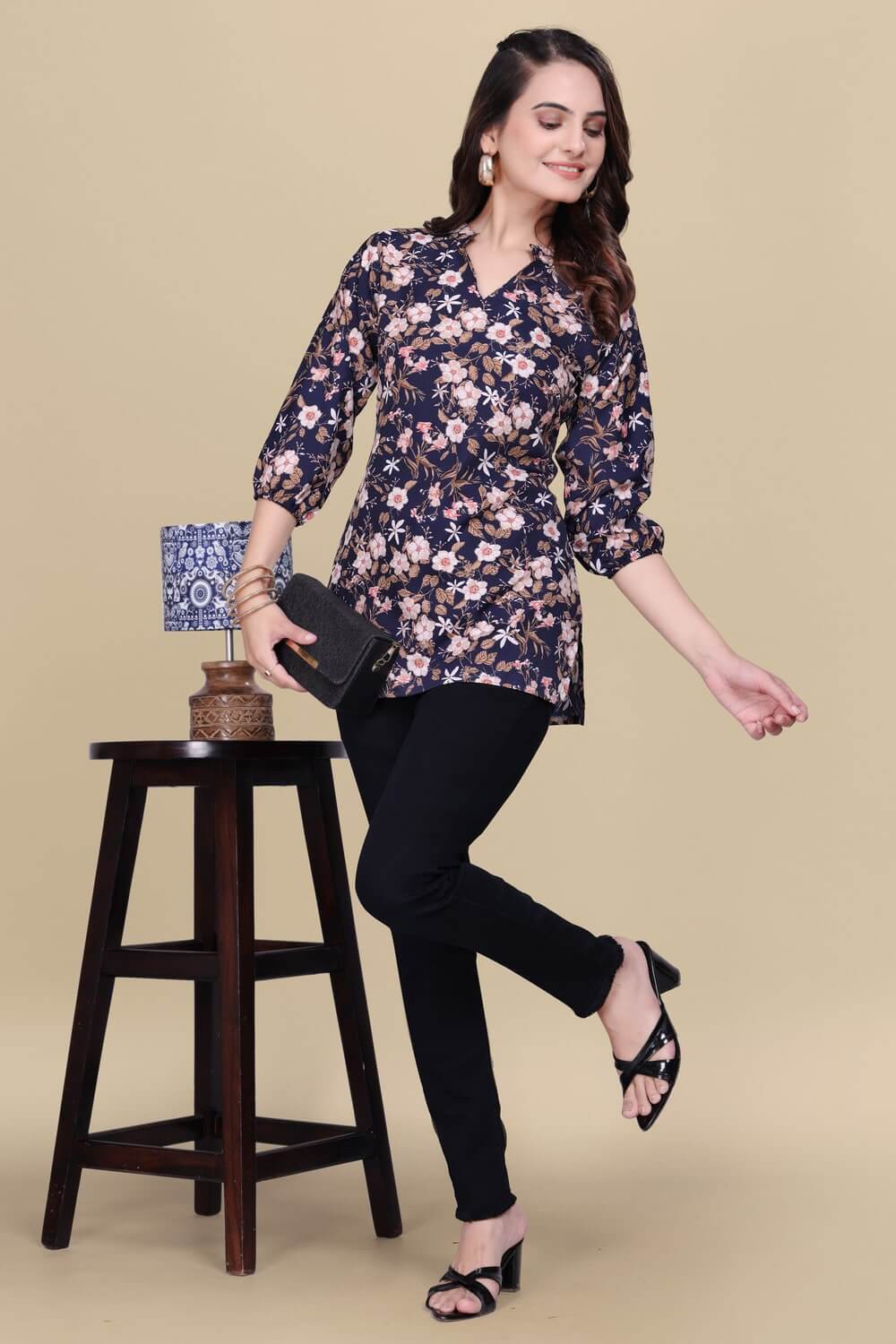 Party wear floral blue balloon sleeve top