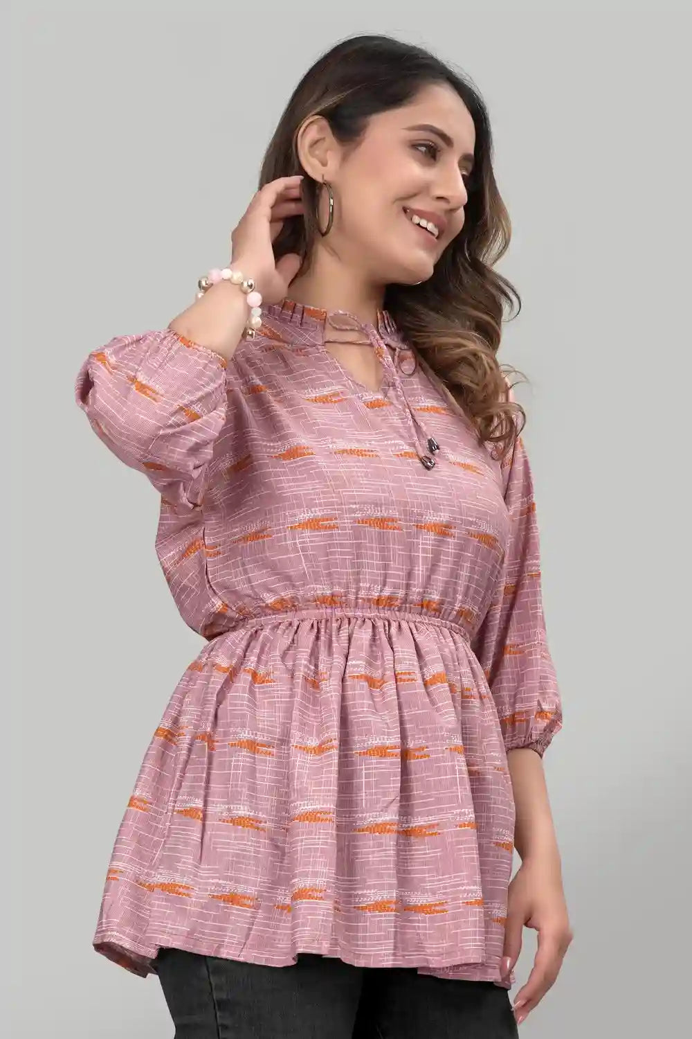 Peach Ruffle Neck Crepe Tunic Top for Women