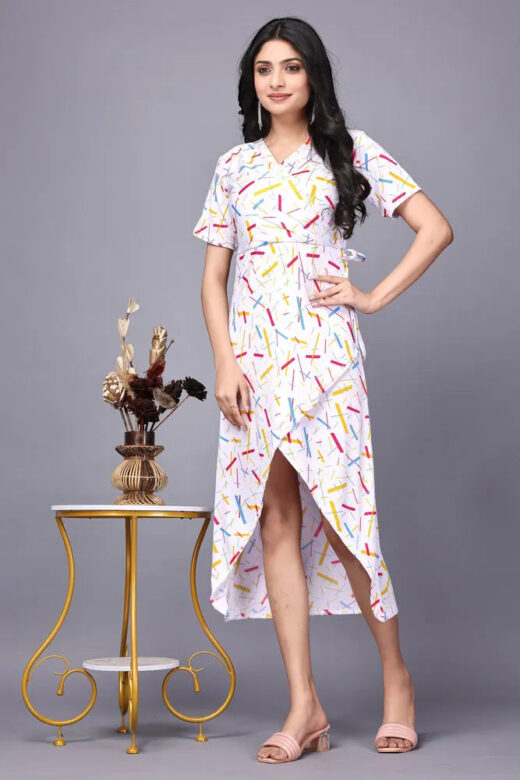 Pink and White V-Neck Dress with Colorful Sticks Pattern
