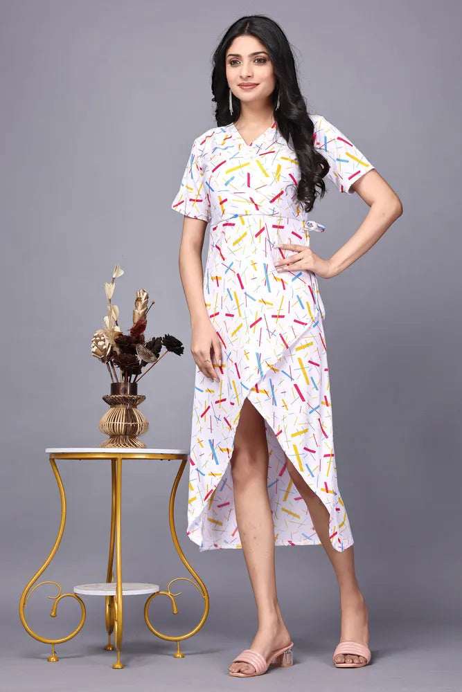 Pink and White V-Neck Dress with Colorful Sticks Pattern