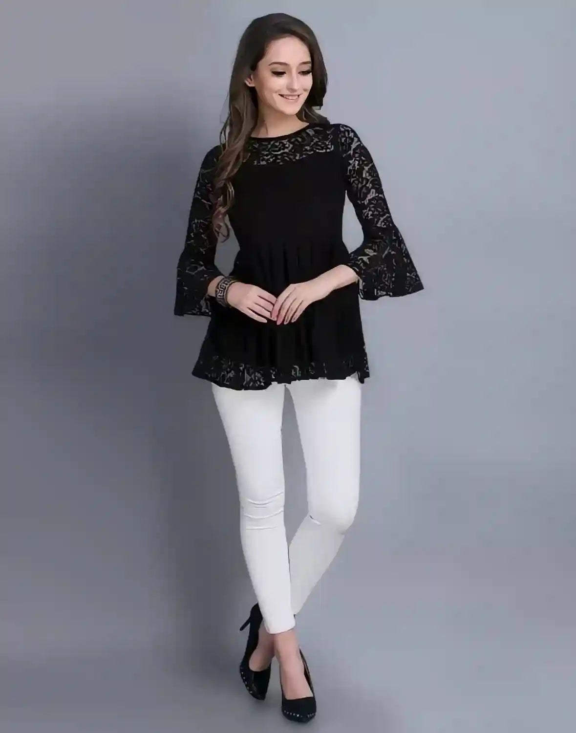 Stylish Black Solid Crepe Inner Top with Russle Net Design