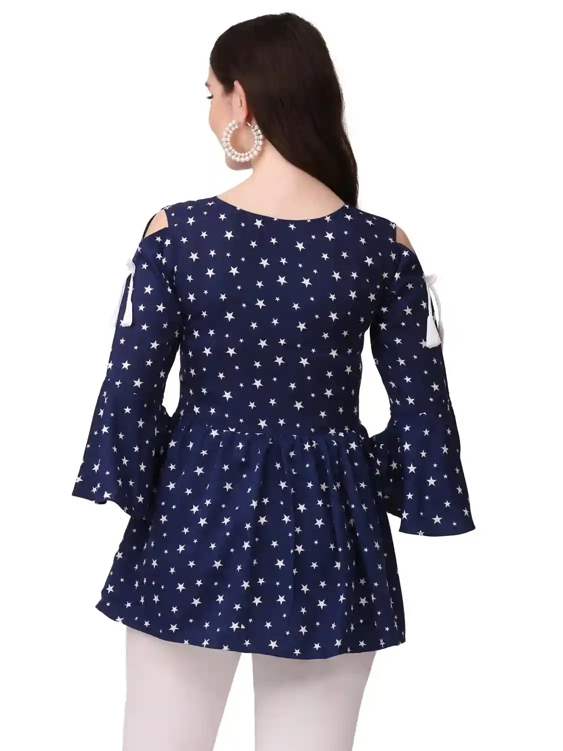 Stylish Blue Star Pattern Tunic with V-Neck and Fancy Cutouts