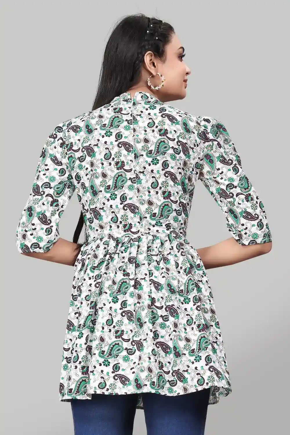 Stylish Green Floral Mango Pattern Tunic with Three Quarter Sleeves