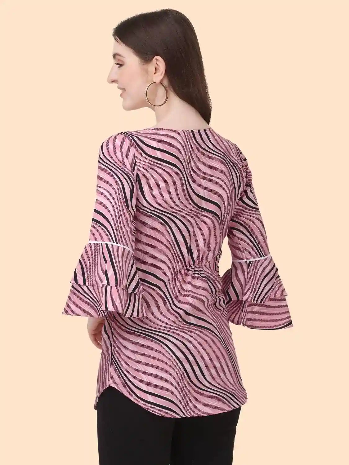 Stylish Peach Stripe Pattern Tunic with Keyhole Neck for Women