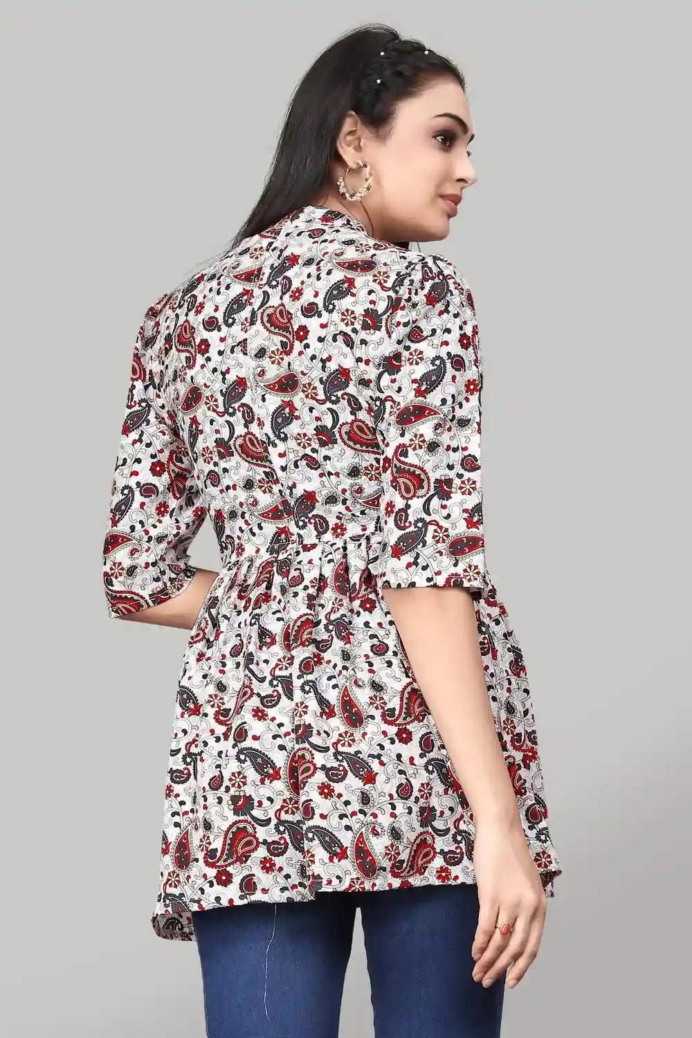 Stylish Red Crepe Tunic with Mango Floral Print and Three-Quarter Sleeves