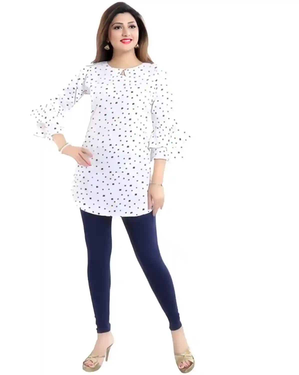 Stylish White Printed Tunic with Flared Sleeves