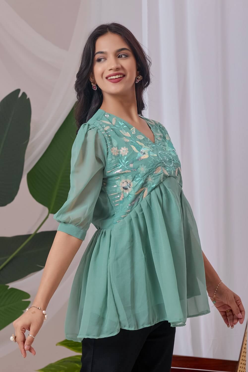 Stylish light green embroidered balloon sleeve top