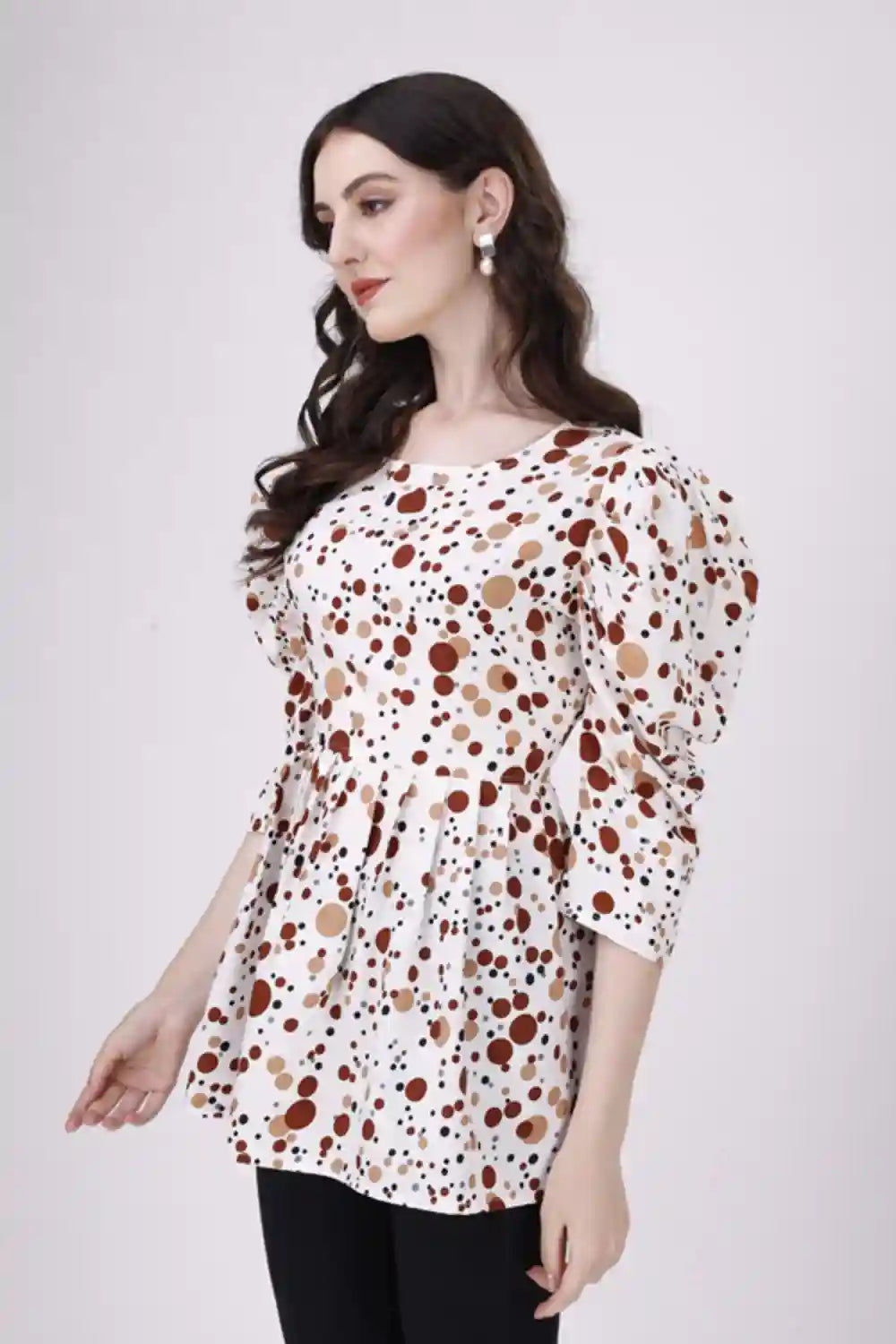 Trendy Brown Dot Pattern Tunic with Three Quarter Sleeves for Women