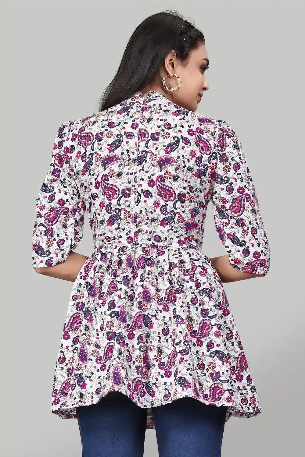 Trendy Pink Floral Mango Pattern Tunic with Three Quarter Sleeves