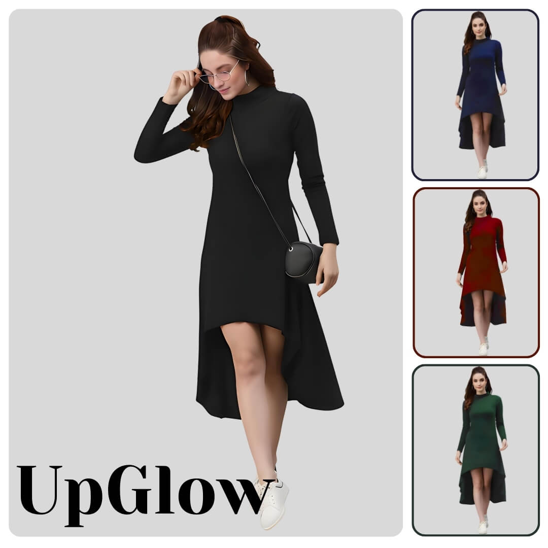 Woman wearing a black dress with 'UpGlow' branding on a gray background