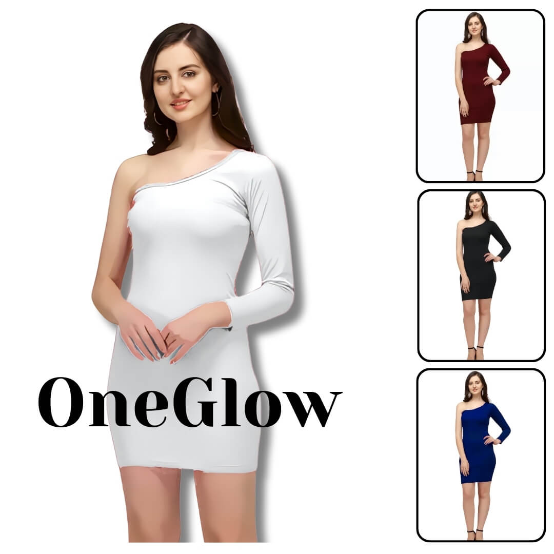 Woman wearing a white one-shoulder dress with 'OneGlow' branding, surrounded by smaller images of dresses in different colors.