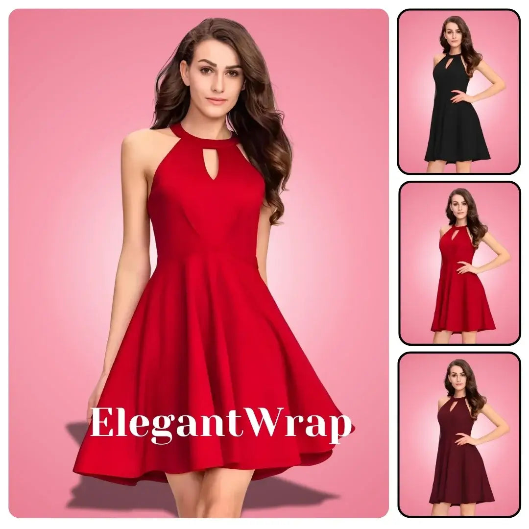 Red dress with 'ElegantWrap' branding on a pink background