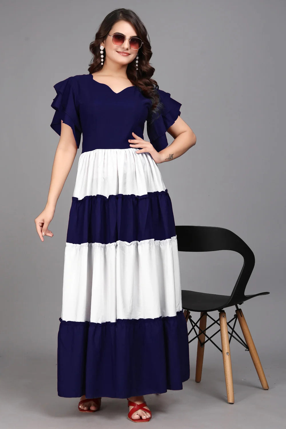 Women’s Blue Colourblocked Flared Maxi Dress by ZELZIS