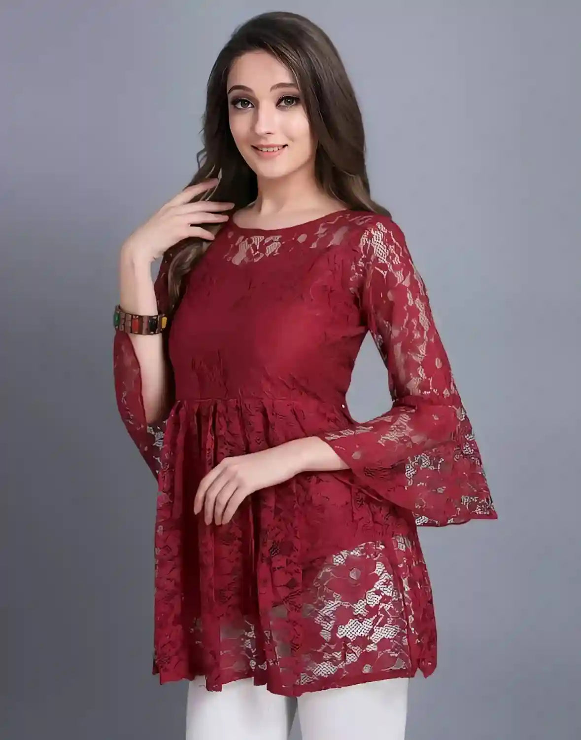 Women’s Maroon Three Quarter Sleeve Russle Net Top for Party Wear