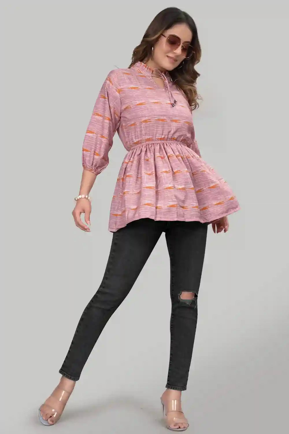 Women’s Peach Crepe Tunic with Three Quarter Sleeves