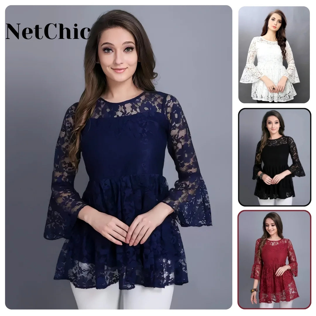 Women's Russel Net Bell Sleeve Self-Design Tops
