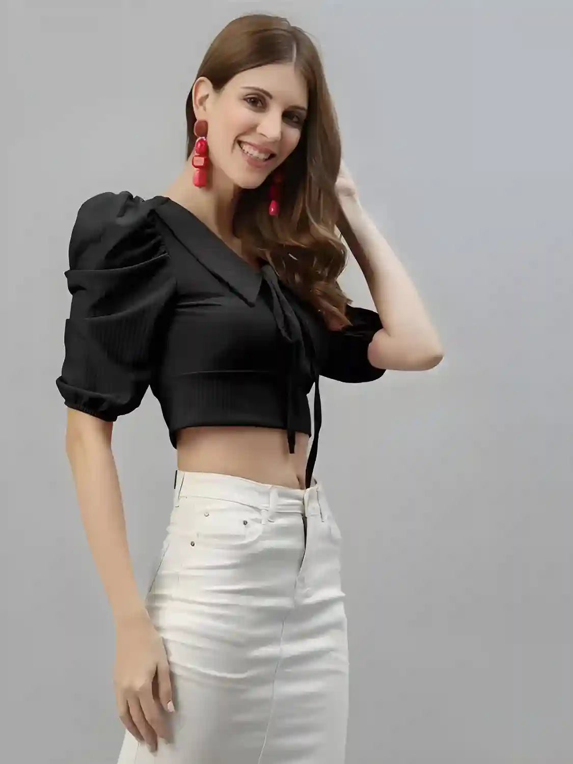 Women’s Stylish Black Polyester Crop Top for Casual & Party Wear