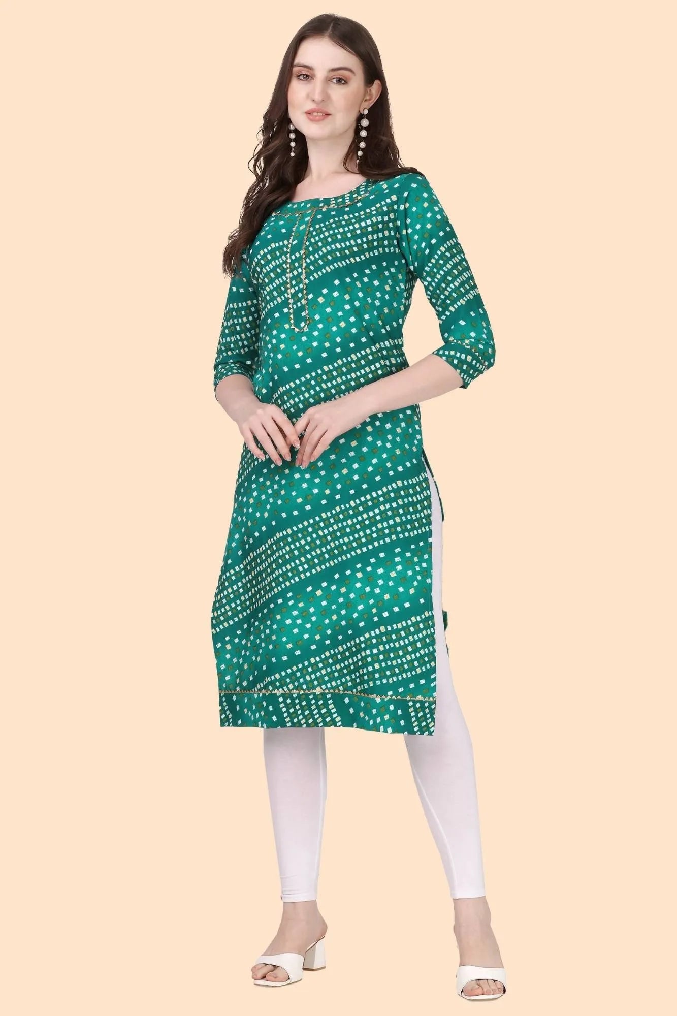 ZELZIS Fashion online Shopping Women Green bandhani Regular Premium Crepe Kurtis