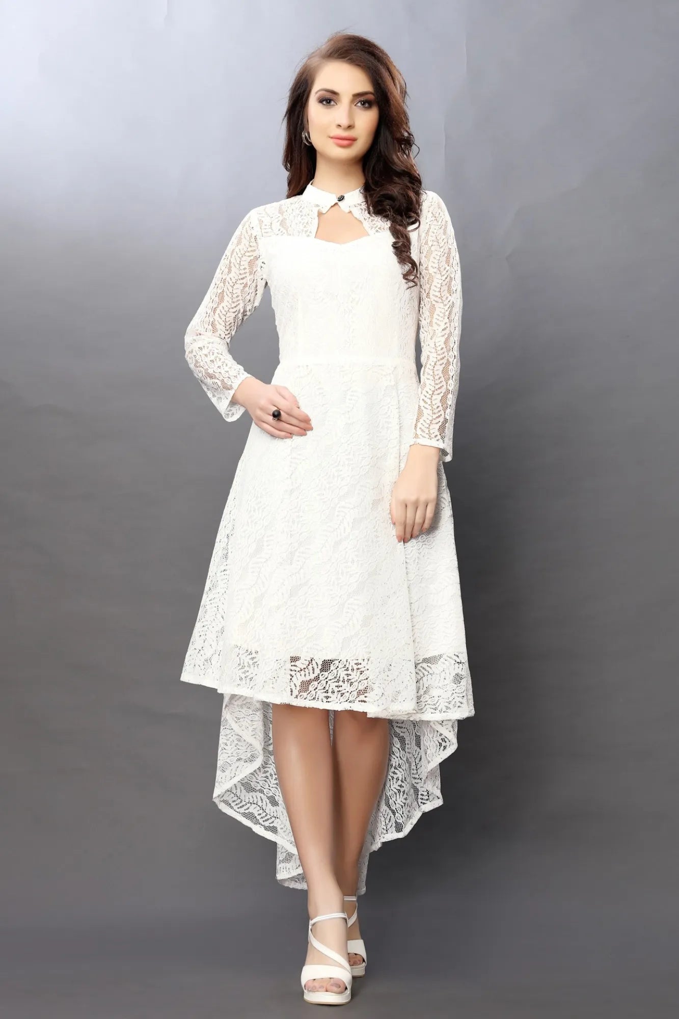 ZELZIS Fashion online Shopping Women White Coding Net With Inner High Low Dresses