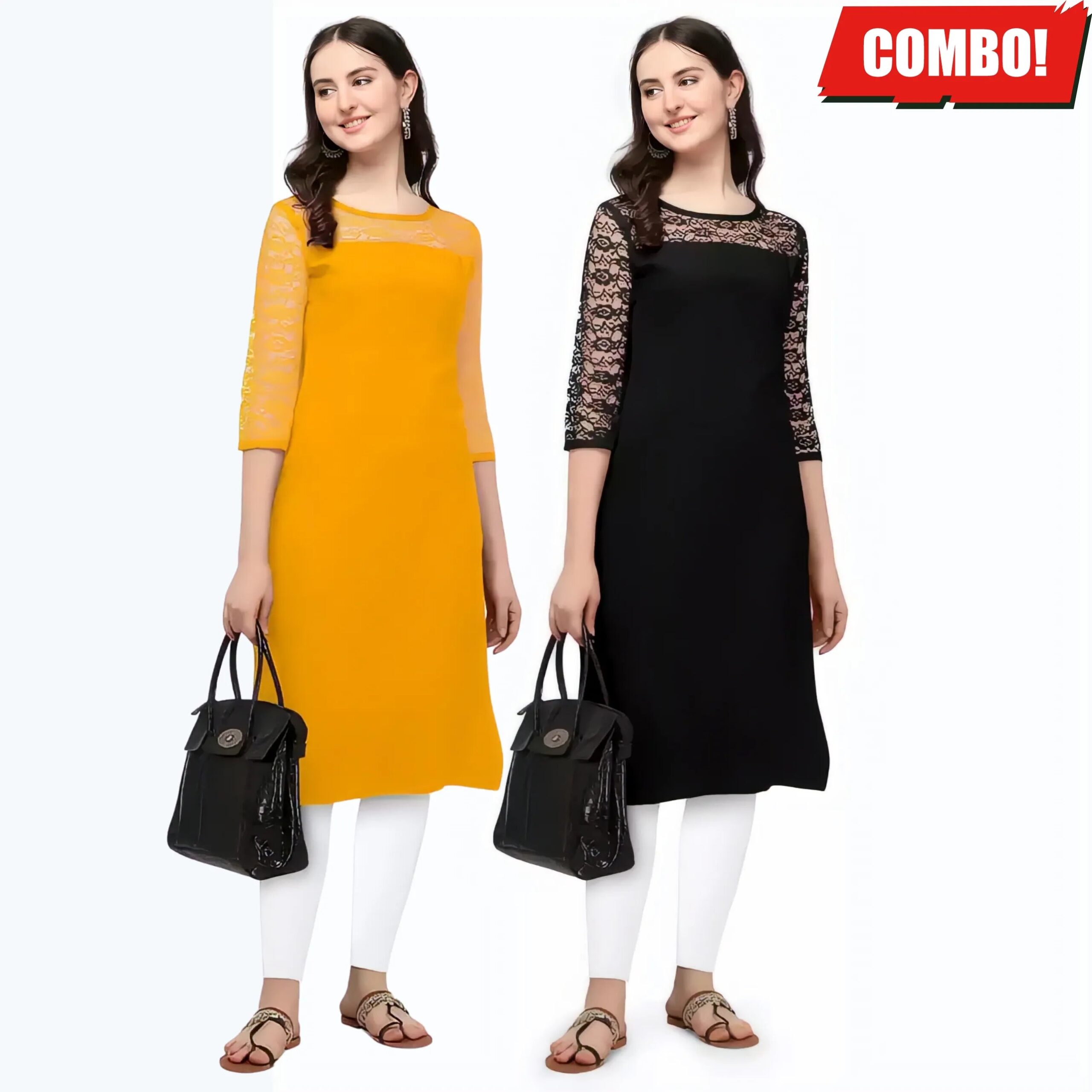 ZELZIS Fashion online Shopping Women Yellow & Black A-Line Straight Daily Wear Crepe Combo Kurtis
