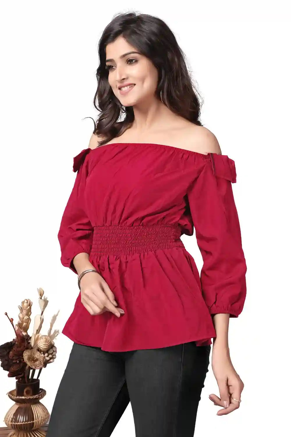 ZELZIS Women’s Pink Three-Quarter Sleeve Off Shoulder Tunic Fashionable Look