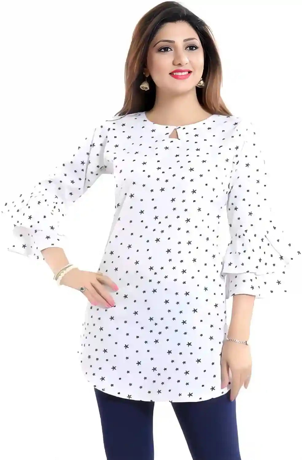 ZELZIS Women’s White Crepe Tunic with Star Print