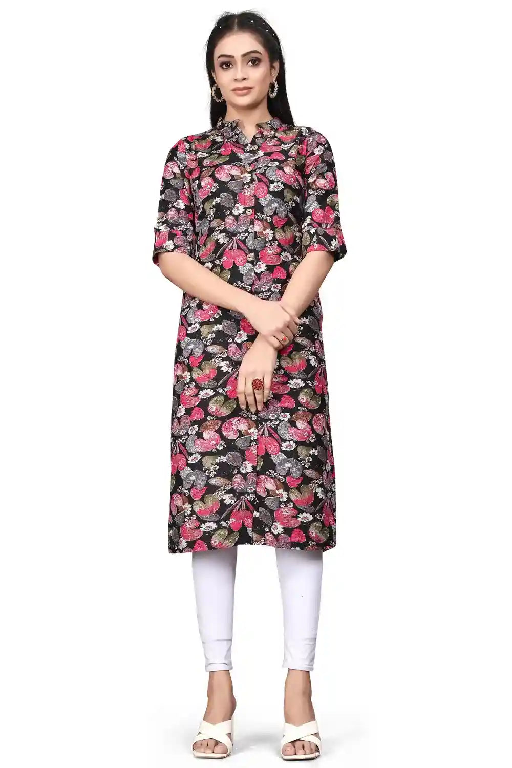 Zelzis black floral pattern rayon kurti for casual wear