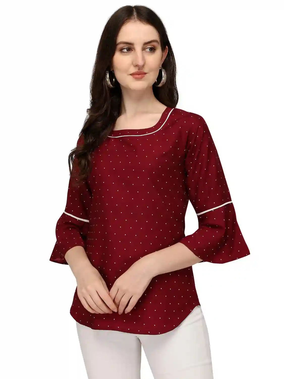 Zelzis maroon crepe polka dot tunic top for women