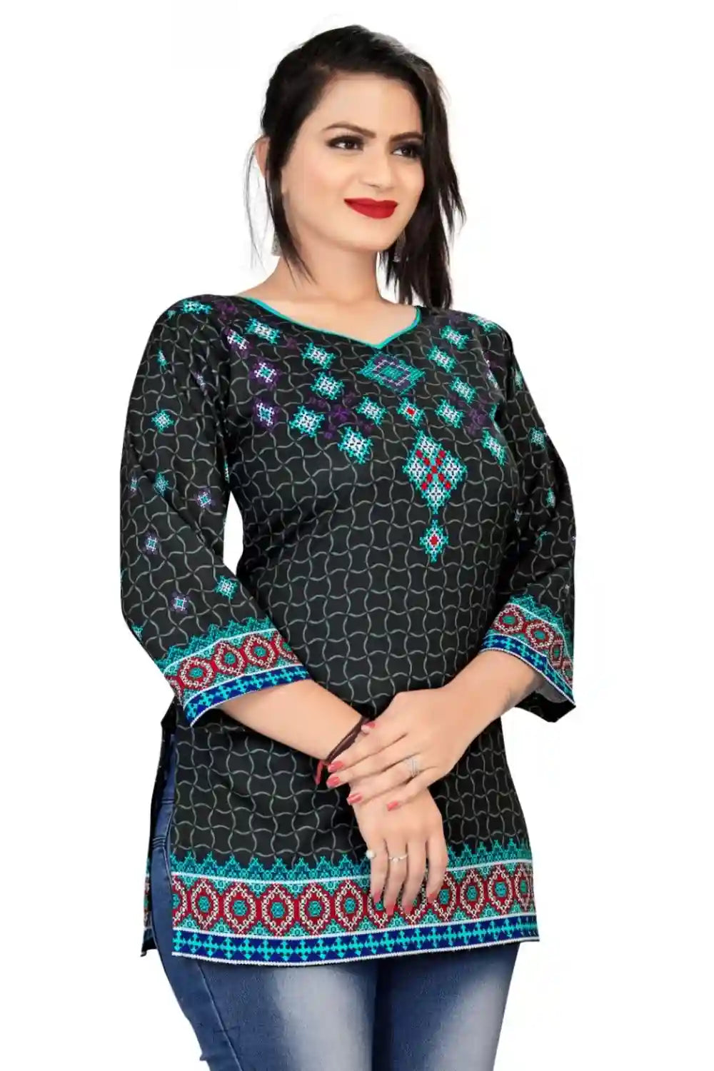 Zelzis women's green rayon digital printed tunic top