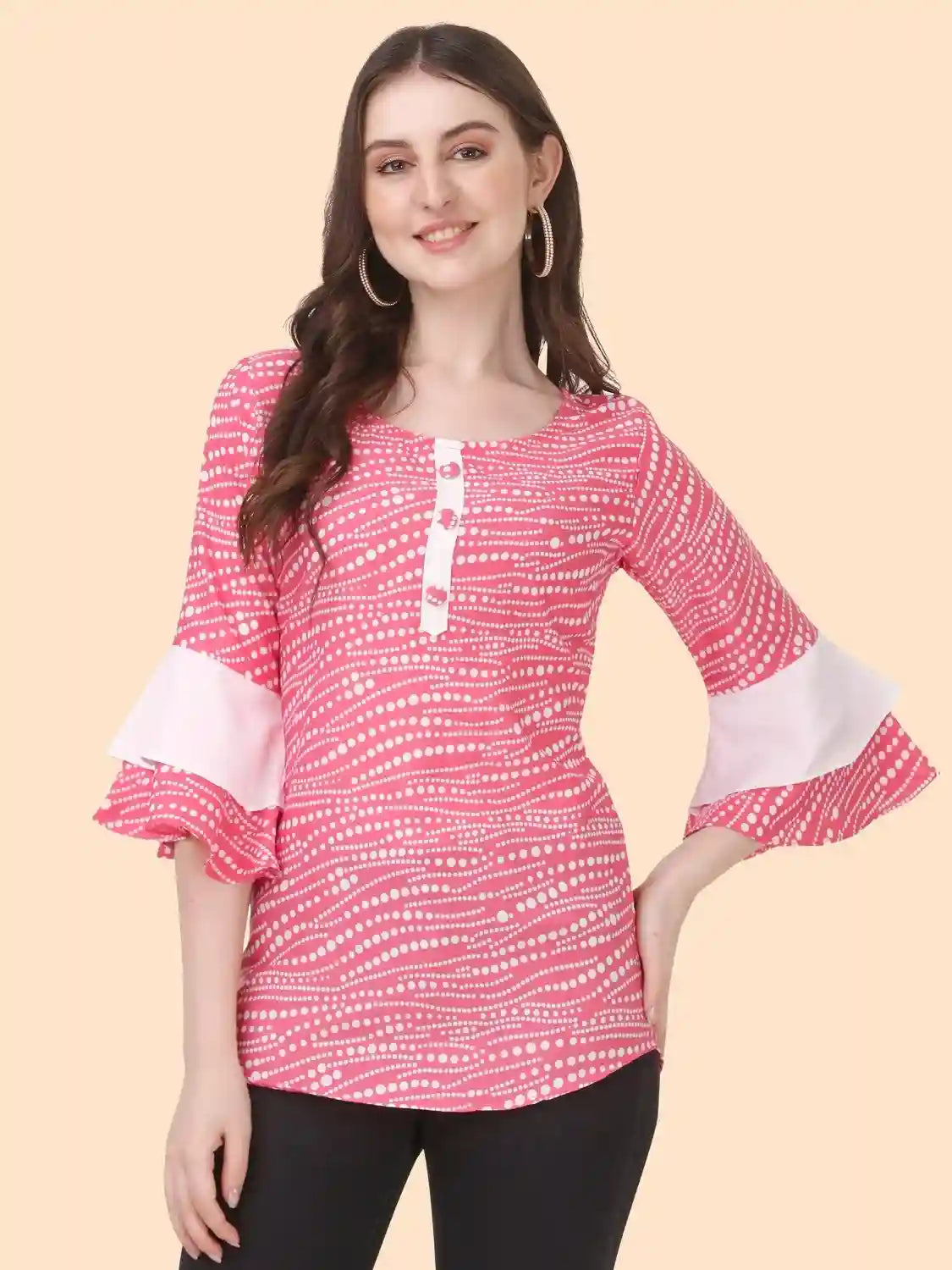 Zelzis women's pink crepe top with white polka dots