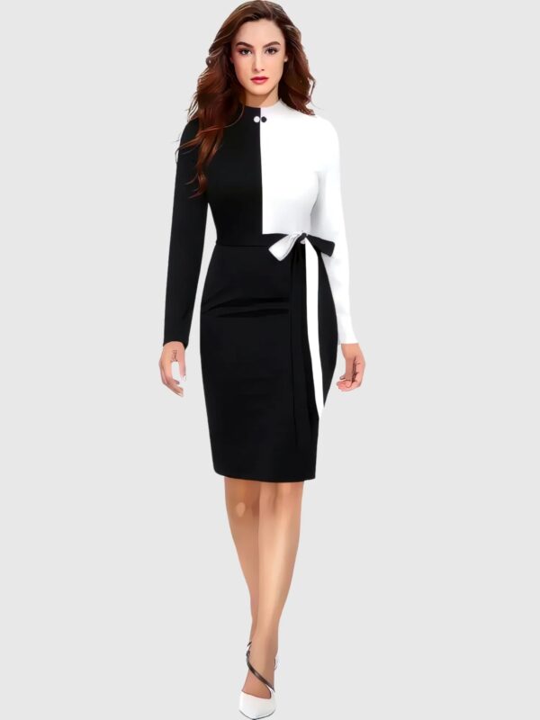 black-and-white-colourblock-with-comfortable-belt-polyester-bodycon-dress