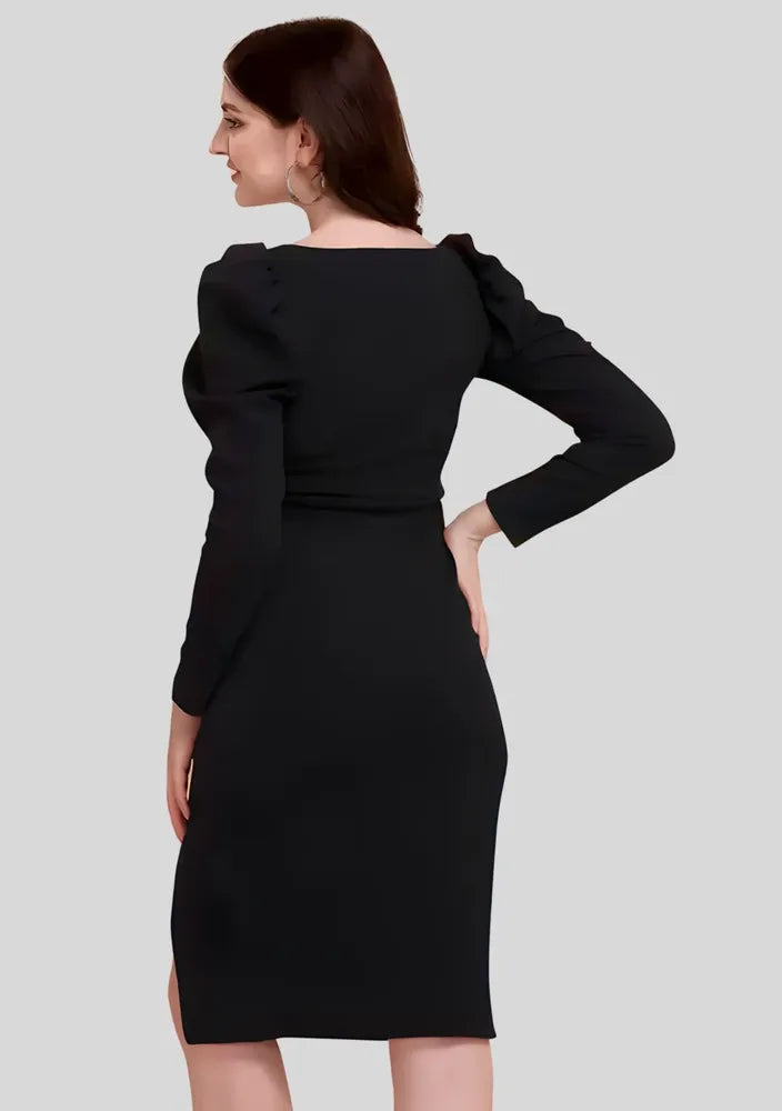 Black solid sweetheart neck bodycon dress for casual & party wear by ZELZIS