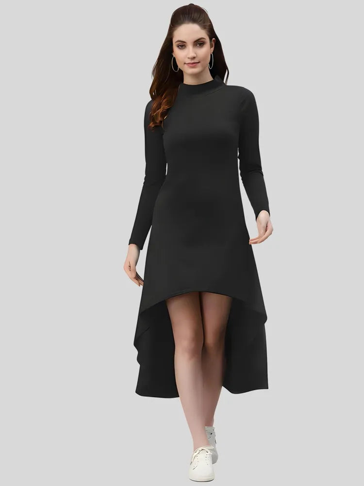 Black high low knee/calf length bodycon dress for casual & party wear by ZELZIS