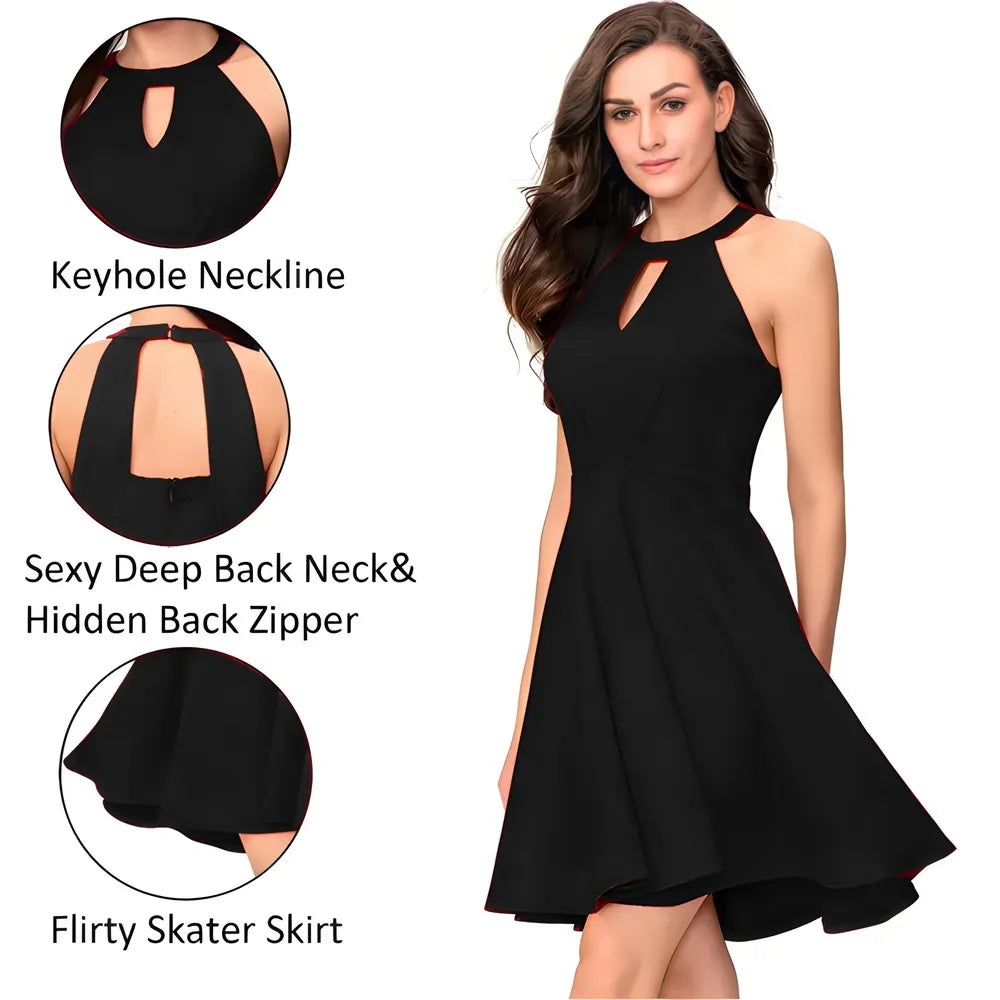 Black solid fit & flare polyester sleeveless wrap dress by ZELZIS
