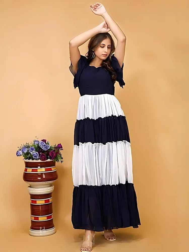 Blue and white colourblocked solid crepe maxi dress with V neck