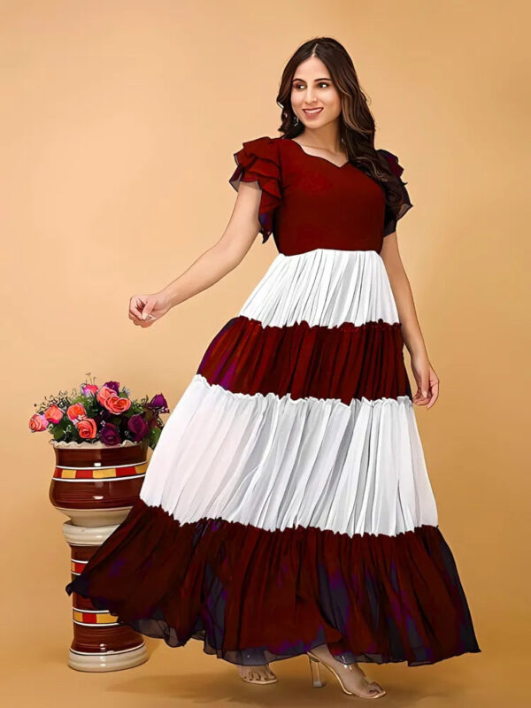 Casual & party wear maroon and white colourblocked maxi dress