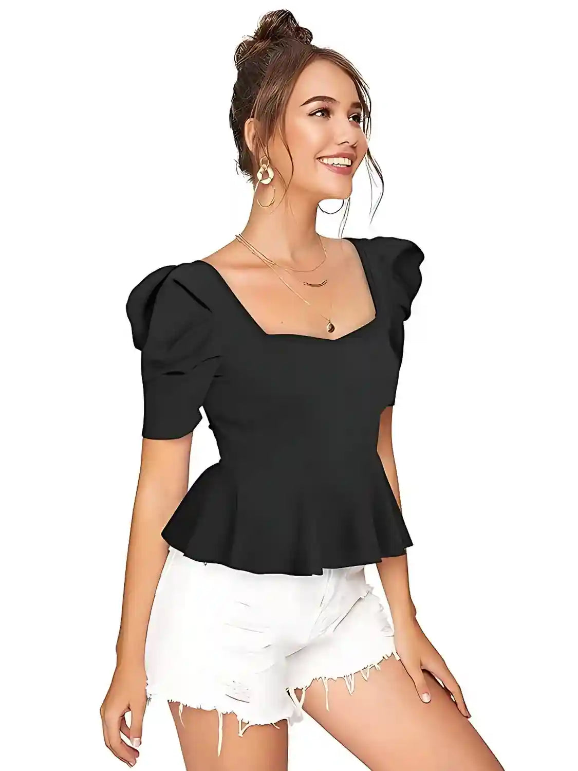 chic black solid polyester top for relaxed, everyday style