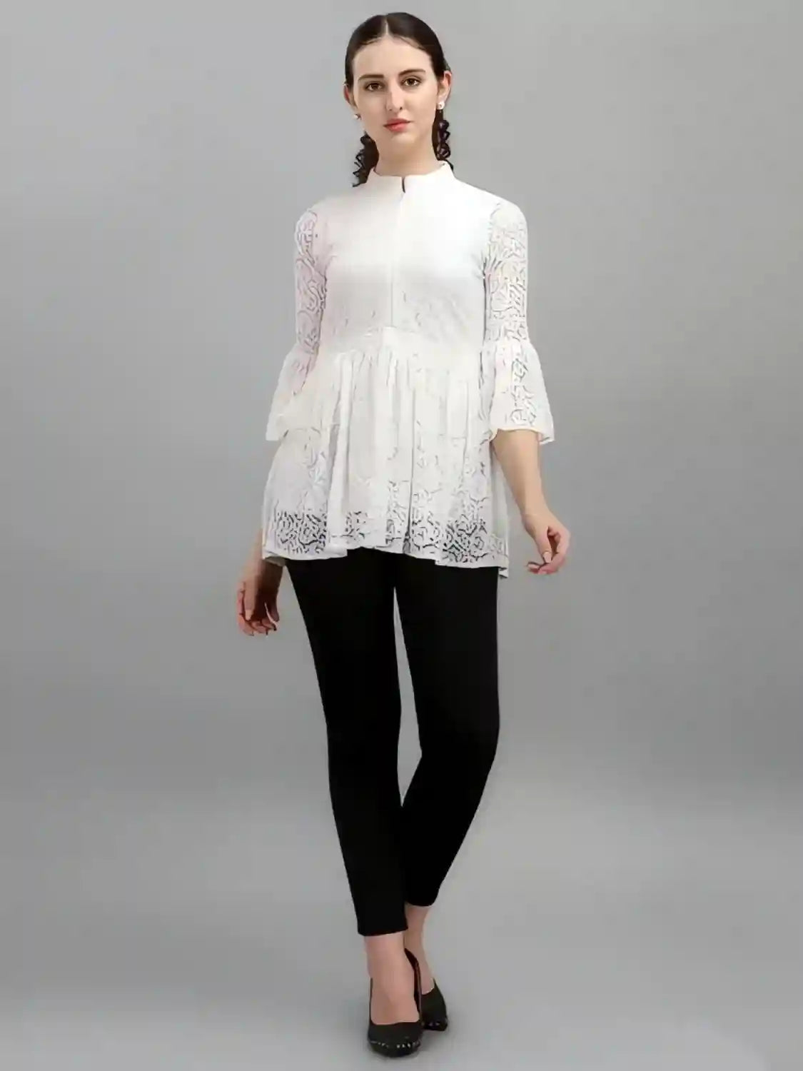 chic white coding net top with crepe fabric inner for parties