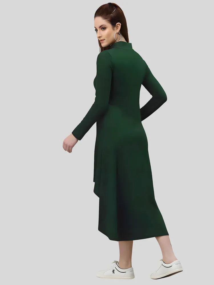 Green high low polyester bodycon dress with classic collar by ZELZIS