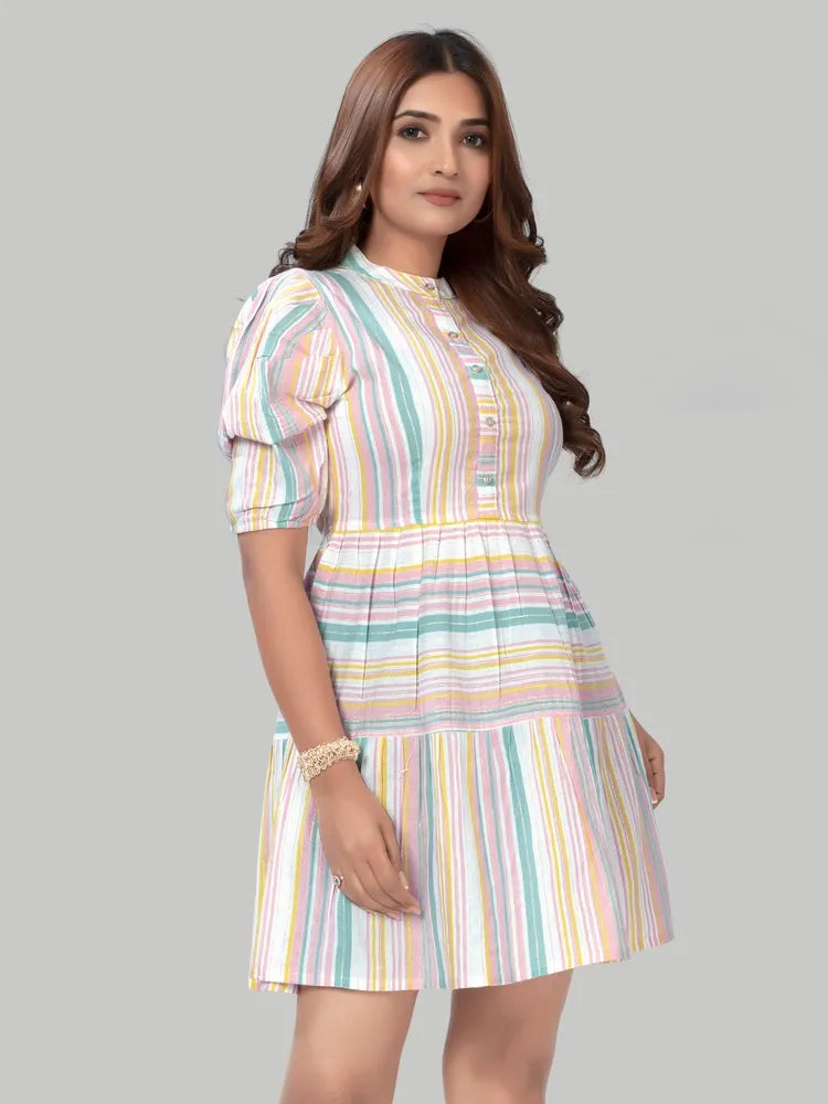 Comfortable orange striped fit & flare party wear cotton dress by ZELZIS