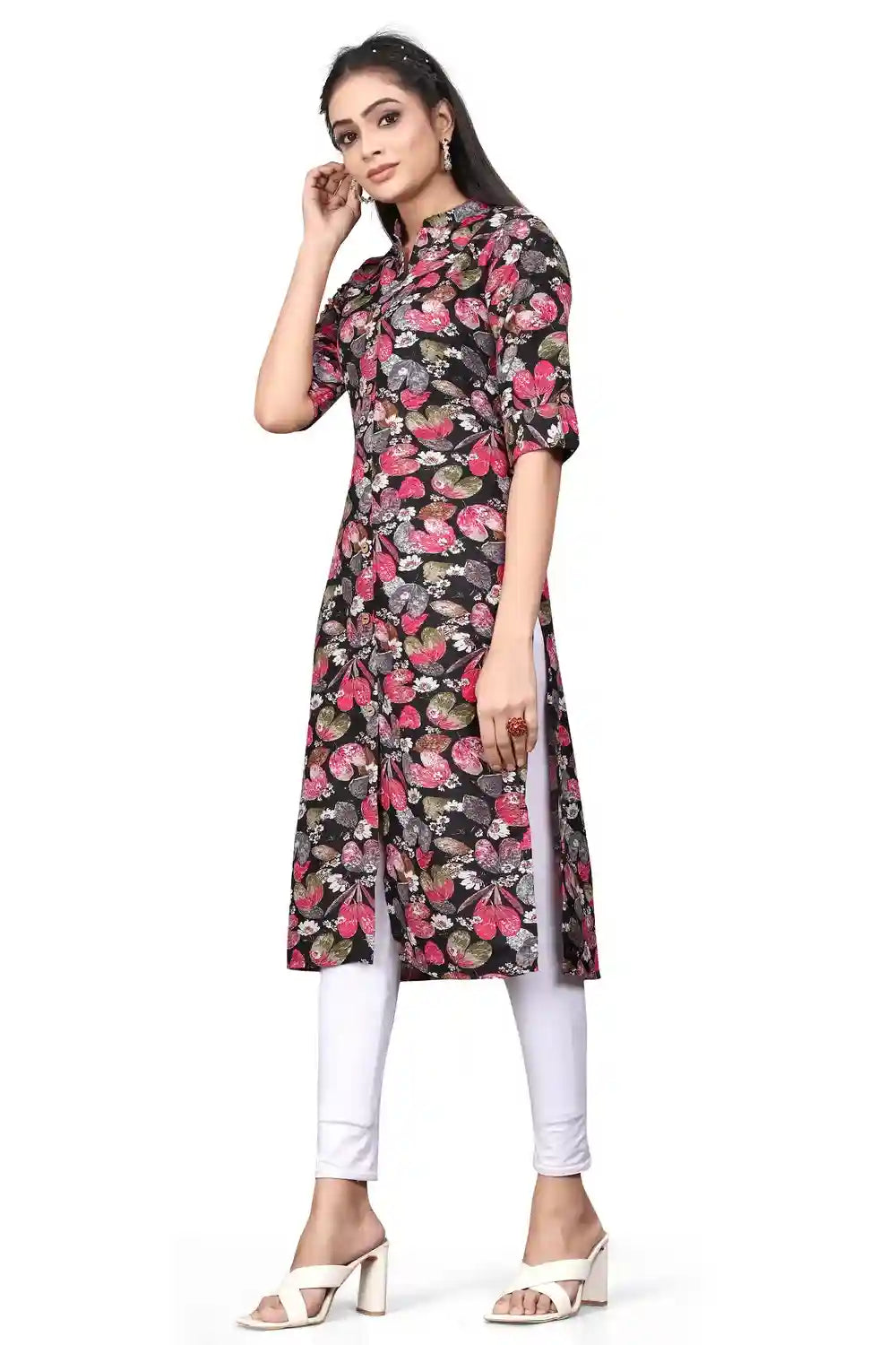 comfortable black calf length floral kurti for daily use