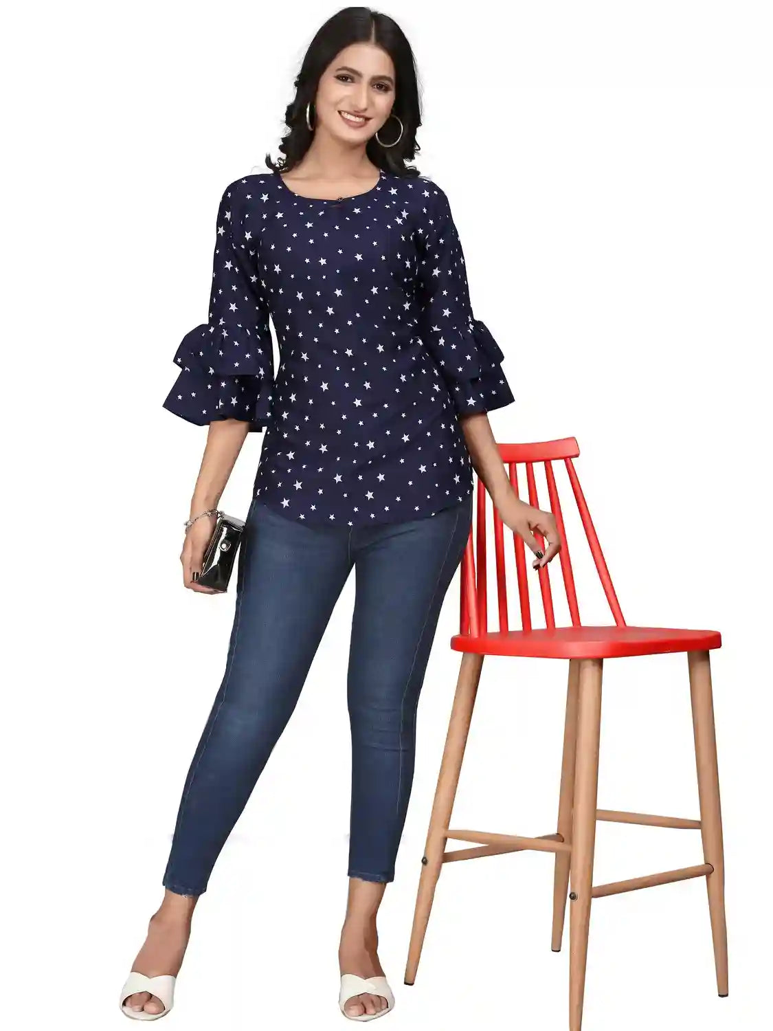 comfortable blue hip-length crepe tunic top for daily use